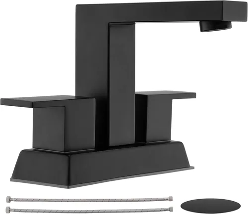 Tohlar Grifo de baño negro – Grifo de lavabo de baño, 2 asas, grifos de baño central de 4 pulgadas para fregadero de 2 o 3 agujeros, grifo de baño