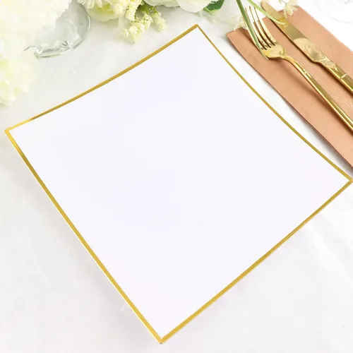 Miniatura 12 de Tableclothsfactory Paquete de 10 platos llanos cuadrados cóncavos de plástico duro de 8 pulgadas negro/dorado, platos desechables para fiestas