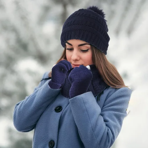 Miniatura 5 de 4 Conjuntos de invierno para mujer, cálido, gorro, bufanda, gorro, gorro, calavera, pantalla táctil, guantes de punto, cable