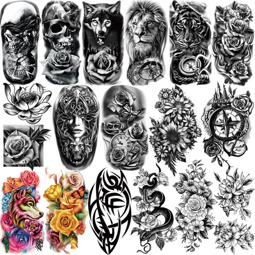 Yazhiji 77 hojas de tatuajes temporales impermeables para niñas o niños, 17 hojas más grandes de medio brazo, lobo, tigre, león, tatuajes falsos