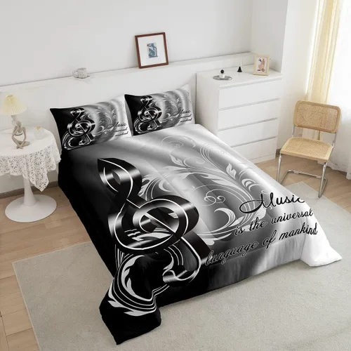 Miniatura 3 de Juego de edredón de notas musicales, tamaño individual, juego de ropa de cama para amantes del tema musical, 2 piezas, moderno, negro, blanco