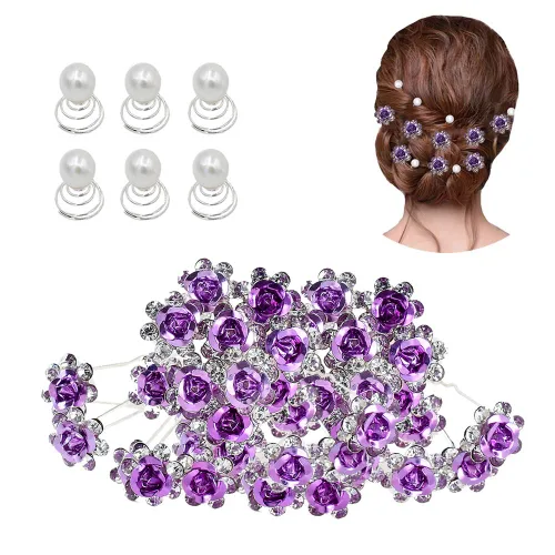 inSowni Juego de 40 horquillas en forma de U con diamantes de imitación de rosas y 6 horquillas de perlas torcidas en caja de regalo para mujeres y