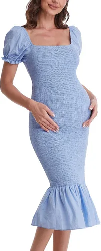 Miniatura 4 de Vestido de maternidad de verano a media pierna, manga corta abombada, cuello cuadrado, dobladillo con volantes, vestido de sirena para baby shower