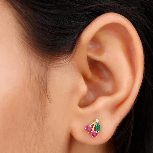 Miniatura 8 de Aretes de cereza esmeralda y rubí natural para mujer, calidad AAA certificada, aretes de tuerca de cereza roja
