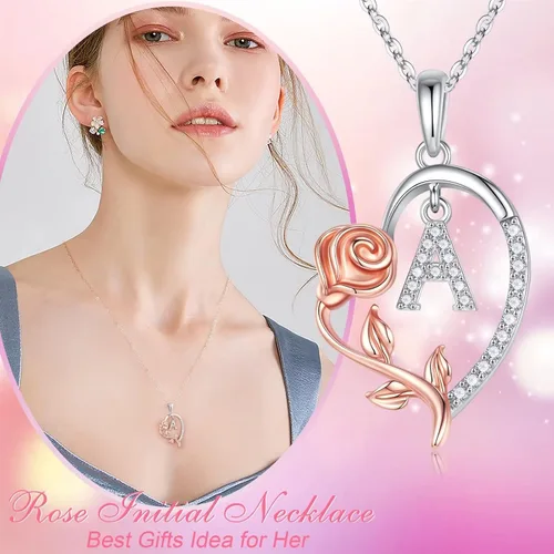 Miniatura 2 de Yoosteel Collar con dije de flor de rosa con inicial de corazón para mujer, collar con letra de corazón de amor, collares con inicial únicos