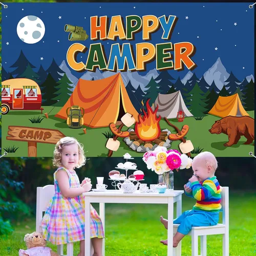 Miniatura 6 de Tatuo Telón de fondo de campamento Happy Camper - Fondo de fotos para colgar en la pared para niños, niños, adolescentes, suministros de fiesta
