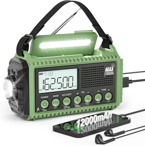 Miniatura 12 de Radio meteorológica de emergencia, manivela solar, funciona con pilas, radio de onda corta AM FM portátil con alerta NOAA, linterna, lámpara de Rojo