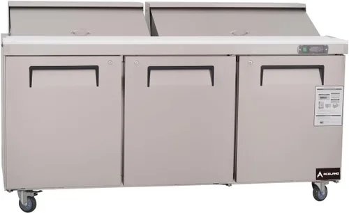 Aceland ASR-72B - Mesa de preparación de ensalada sándwich de 3 puertas de 72 pulgadas, ventilador de acero inoxidable con sartenes, 72 pulgadas