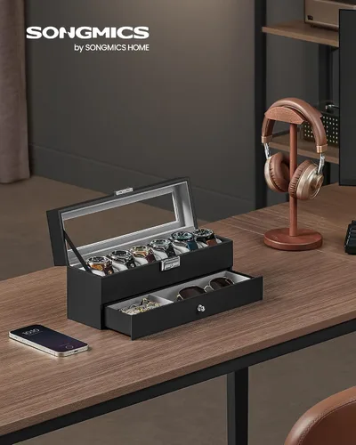 Miniatura 59 de SONGMICS UJWB012 - Caja de reloj de 12 ranuras, caja de reloj con cerradura con tapa de vidrio, 2 capas, con 1 cajón para anillos, pulseras, idea