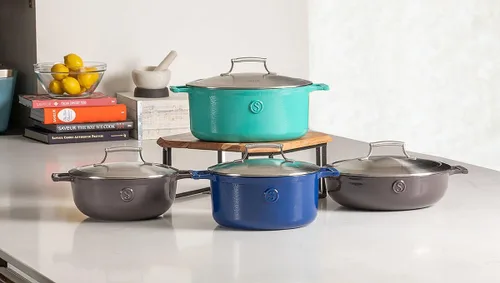 Miniatura 7 de SAVEUR SELECTS Cacerola de hierro fundido esmaltado, horno holandés de 5 cuartos de galón con tapa de acero inoxidable de doble pared, azul sabroso