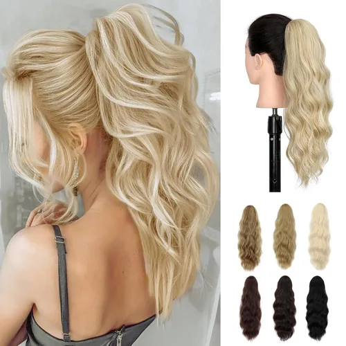 Miniatura 8 de Extensión de cola de caballo de 18 pulgadas, extensiones de cola de caballo sintéticas de aspecto natural, extensiones de cabello para mujer, rubio
