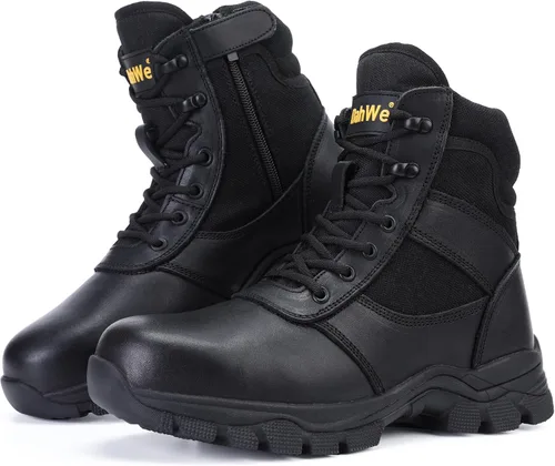 DahWe Men's Tactical Boots with Steel Toe Side Zipper 6 inch Lightweight Comfortable for Military Combat Hiking Logger Riding Motorcycle Law
