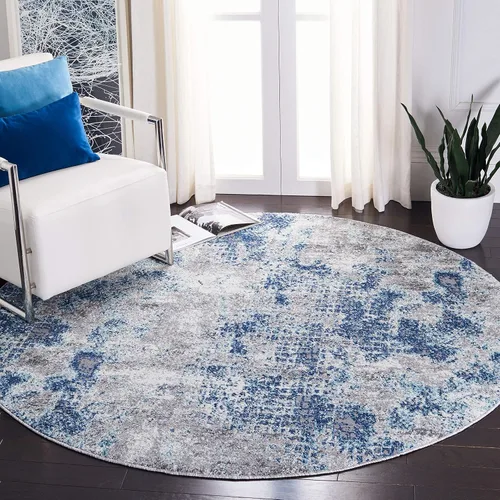 SAFAVIEH Aston Collection ASN704N - Alfombra redonda de 3 pies, color azul marino/gris, moderna, abstracta, no desprende pelusa, para comedor,