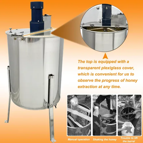 Miniatura 5 de Extractor de miel Extractor de miel de 4 marcos, máquina de extracción de apicultura de acero inoxidable, barril giratorio de panal con tapa,