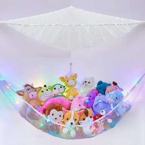 Miniatura 8 de Basumee Hamaca de animales de peluche con luz LED, organizador de red de juguetes de peluche, organizador de esquina para almacenamiento de animales