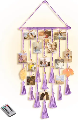 Miniatura 13 de Homecor Decoración de pared colgante de macramé negro, decoración bohemia para habitación, collage de marcos de fotos con luz remota, 30 clips