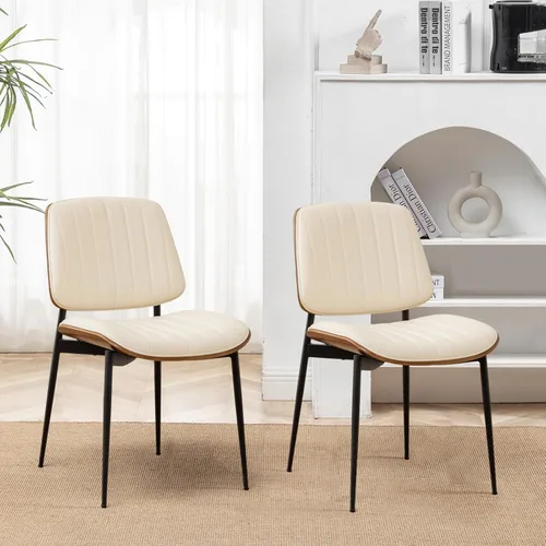 Miniatura 5 de LUNLING Sillas de comedor modernas de mediados de siglo, silla retro beige de piel sintética con asiento tapizado de madera curvada de nogal, patas