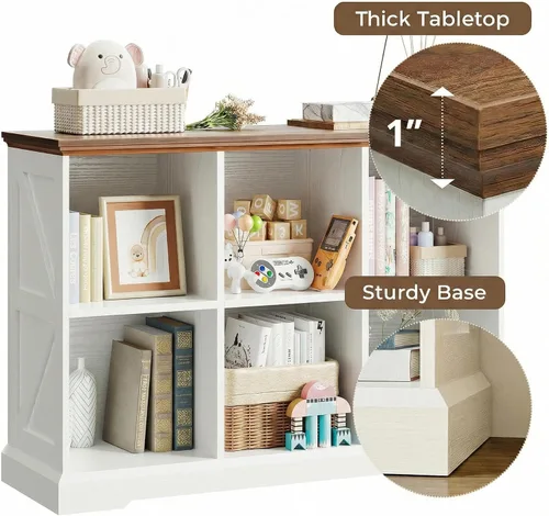 Miniatura 7 de IRONCK Organizador de almacenamiento de 6 cubos, estante de madera con almacenamiento, estantería de granja para dormitorio, sala de estar y oficina