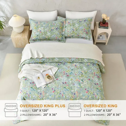 Miniatura 8 de Sanracie Edredón extragrande tamaño King (120"x120"), juego de edredón 100% algodón con estampado floral verde de 3 piezas, edredón suave y ligero