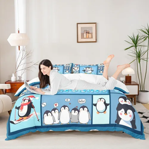 Miniatura 2 de Juego de funda de edredón de pingüinos de dibujos animados para niños, tamaño King, lindo juego de ropa de cama de esquí de animales árticos, Multi