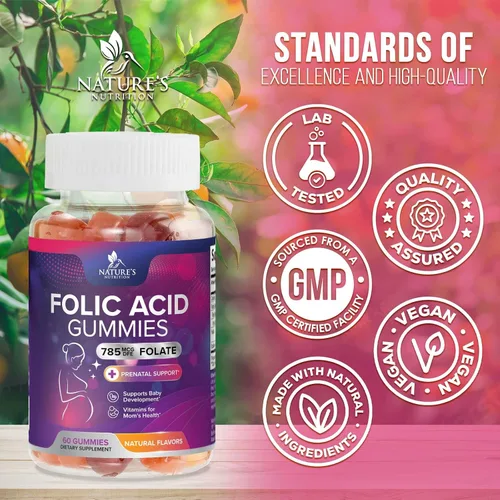 Miniatura 4 de Gomitas de ácido fólico para mujeres, folato de 785 mcg por porción, vitaminas prenatales esenciales para mamá y bebé, suplemento fólico vegano