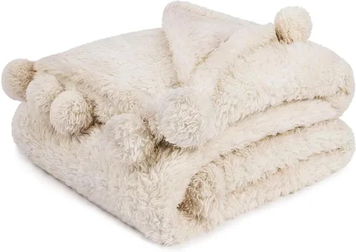 Miniatura 17 de PAVILIA Manta de sherpa negra para sofá, cálida manta de felpa con pompones, manta mullida para sofá, ligera, suave y acogedora con pompones, 50 x
