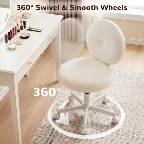 Miniatura 4 de Furniliving Silla de escritorio redonda sin brazos, pequeña silla tapizada de terciopelo con ruedas, silla de tarea ajustable giratoria con ruedas
