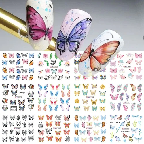 SINSEN Calcomanías de arte de uñas de mariposa, mariposas coloridas de primavera y verano, bonitas decoraciones de arte de uñas para mujeres y