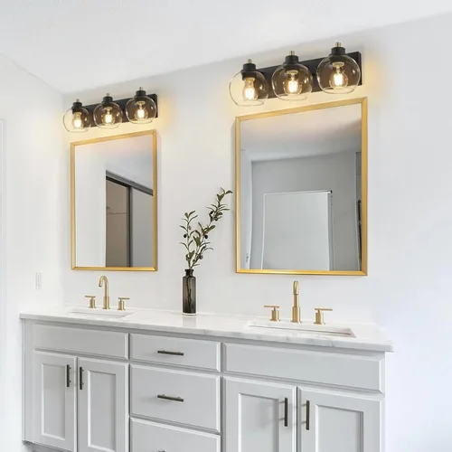 Miniatura 7 de Tuscarora Lámpara de tocador de baño de 3 luces, lámparas de baño negras y doradas, lámpara de tocador moderna con pantalla de vidrio transparente