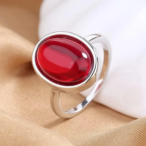 Anillo ovalado de plata de ley 925, granate rojo, piedra natal, piedra natal, talla brillante, circonita cúbica, color rubí, anillo de regalo de