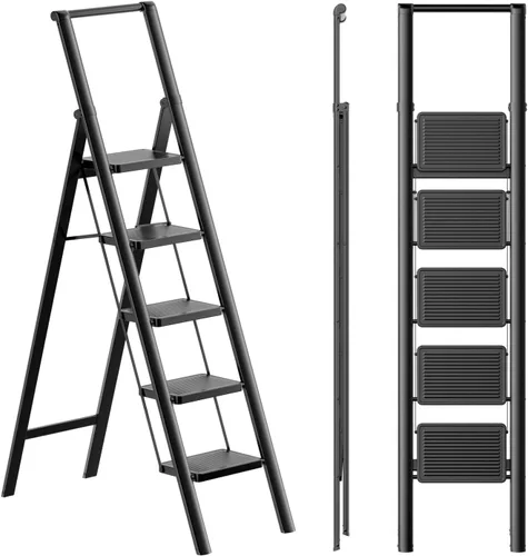 Miniatura 18 de SOLADDER Escalera de 6 escalones, taburete plegable con mango y pedal ancho antideslizante, escalera de escalera portátil de aluminio ligero