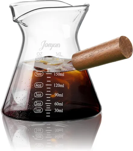 Miniatura 10 de Joeyan 4 onzas Gris Jarra medidora de triple boquilla con asa de madera, taza medidora de vidrio de borosilicato estriado de alta calidad, vasos
