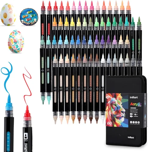 60 colores Marcadores de pintura acrílica de doble punta con control automático de tinta, juego de marcadores acrílicos de punta fina y punta de