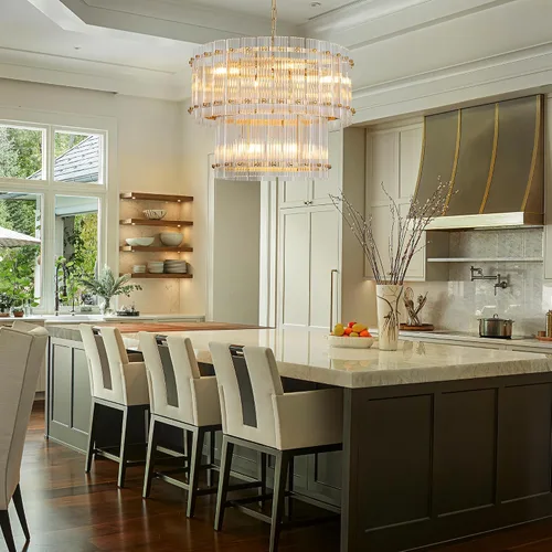 Miniatura 3 de TOCHIC Candelabro de cristal dorado de 6 luces, lámpara moderna de granja de 2 niveles para comedor, lámpara colgante para sala de estar