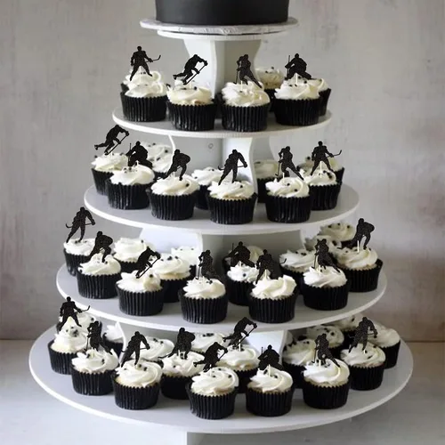 Miniatura 6 de 24 piezas de decoración de hockey para cupcakes, jugadores de hockey con purpurina negra, para cupcakes, hockey sobre hielo, temática deportiva
