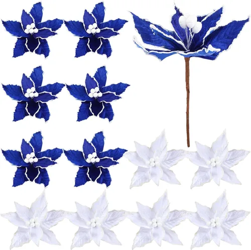 Miniatura 9 de Zeyune 6 Piezas Flores de Pascua Azules de Navidad Artificiales Grandes Espinas de Pascua Falsas Flores de Franela con Borde Helado para Adornos