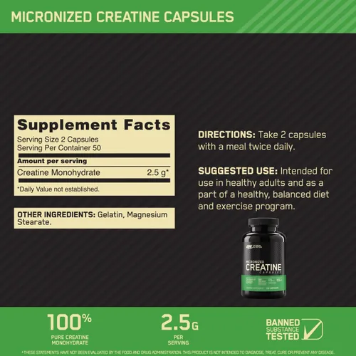 Miniatura 2 de Optimum Nutrition Monohidrato de creatina sin sabor 100 cápsulas incluidas con Optimum Nutirtion HMB 90 Cápsulas
