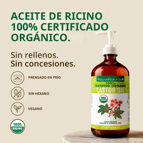 Miniatura 4 de RejuveNaturals Aceite de Ricino (Botella de Vidrio de 16oz) Certificado Orgánico USDA, 100% Puro, Prensado en Frío, Libre de Hexano. Promueve