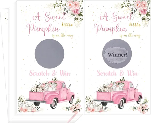 Paquete de 60 tarjetas de rascar de calabaza de otoño para baby shower, una pequeña calabaza dulce está en camino, juego de baby shower, fiesta