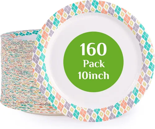 Miniatura 10 de FOCUSLINE Platos de papel de 10 pulgadas, platos de papel desechables de 10 pulgadas, 160 unidades, a prueba de remojo y cortes, a granel