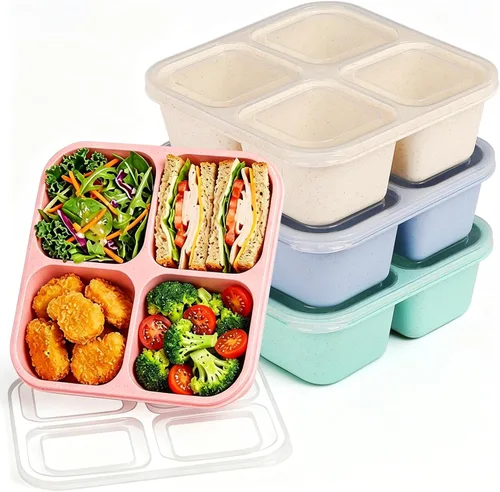 buluker Juego de 4 Recipientes Bento para Aperitivos, Recipientes de Almacenamiento de Alimentos de 4 Compartimentos, Caja de Almuerzo de Paja de