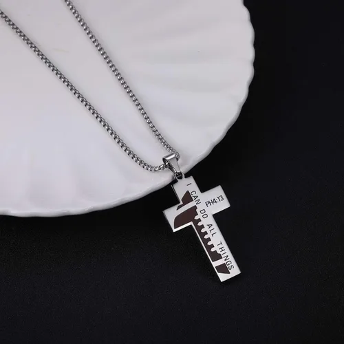 Miniatura 3 de Susook Collar de cruz de fútbol para hombre, versículo de la Biblia, dije deportivo de acero inoxidable con texto en inglés "I CAN DO All Things