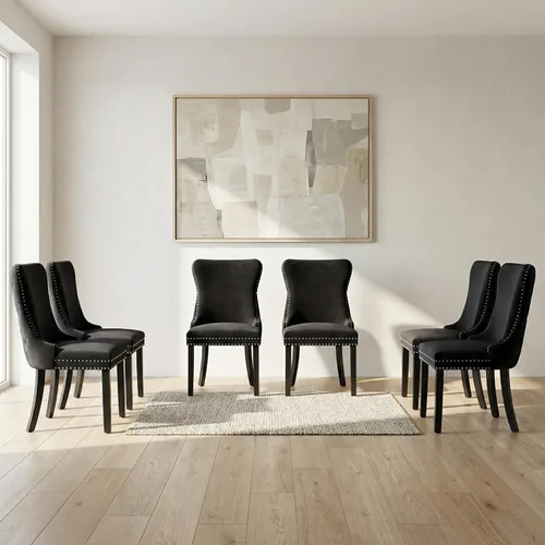 Miniatura 9 de OVENTA Juego de 4 sillas de comedor modernas tapizadas con respaldo completo, sillas de comedor de terciopelo dorado con patas de madera maciza