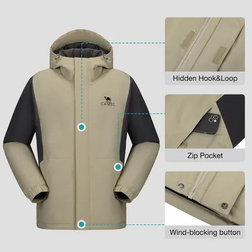 Miniatura 5 de CAMEL Chaqueta de esquí para hombre, abrigo de invierno, impermeable, chaqueta de snowboard cálida con capucha, parka resistente al viento, ropa