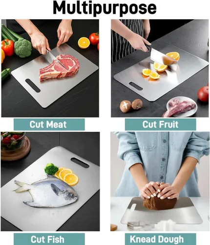 Miniatura 3 de Tabla de cortar de acero inoxidable 304 para cocina, tabla de cortar de doble cara con mango para carne, verduras, frutas y pan, fácil de limpiar