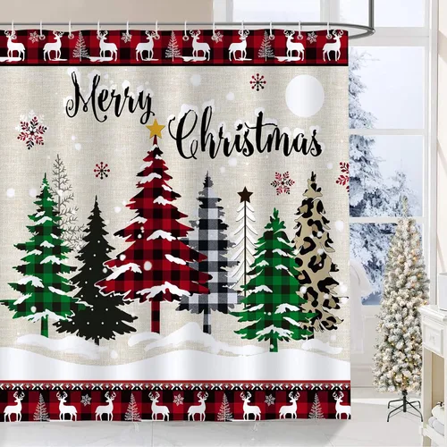 Bonhause Cortina de ducha con diseño de árbol de Navidad, diseño de ciervo, diseño de árbol de Navidad, decoración de baño, 72 x 72 pulgadas, tela