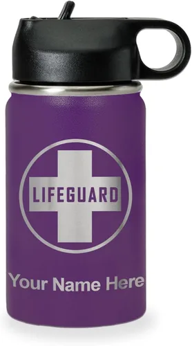 Miniatura 33 de LaserGram Botella de agua personalizada, salvavidas, acero inoxidable de doble pared aislada al vacío con popote superior, regalo grabado Negro