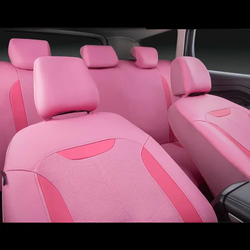 Miniatura 8 de CAR PASS Juego completo de fundas de asiento de automóvil de cuero rosa, protección de asiento impermeable transpirable de lujo, compatible con Rosa