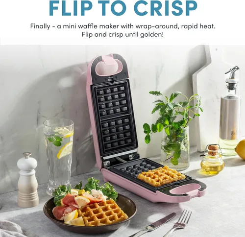 Miniatura 4 de AROMA® Máquina de gofres intercambiable y abatible con platos extraíbles: prensa Panini 3 en 1, mini máquina de donas y plancha para gofres Rosa