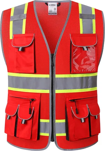 Miniatura 10 de JKSafety Chaleco de seguridad con 10 bolsillos, clase 2, de alta visibilidad, con cremallera frontal amarilla, con tiras reflectantes, cumple